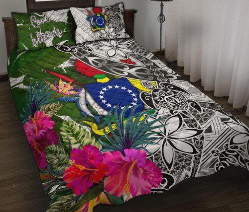 Cook Islands Quilt Bed Set White - Turtle Plumeria Banana Leaf 1