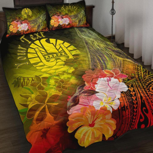 Tahiti Custom Personalised Quilt Bed Set - Humpback Whale with Tropical Flowers (Yellow) 1