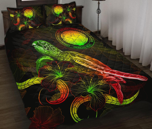 CNMI Polynesian Quilt Bed Set - Turtle With Blooming Hibiscus Reggae 1