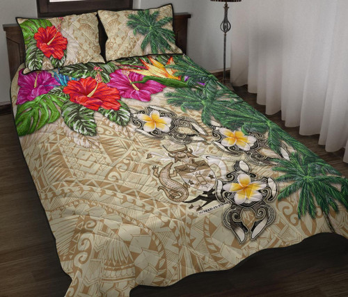 Solomon Islands Polynesian Quilt Bed Set - Hibiscus Turtle Tattoo Beige 1