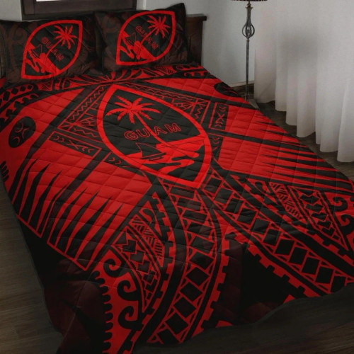 Guam Polynesian Quilt Bed Set - Red Guam Coat Of Arms Polynesian Tattoo 1