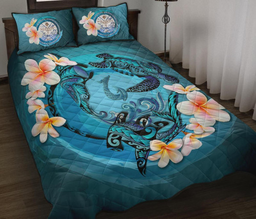 Marshall Islands Polynesian Quilt Bed Set - Blue Plumeria Animal Tattoo 1