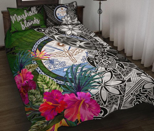 Marshall Islands Quilt Bed Set - Turtle Plumeria Banana Leaf Crest 1