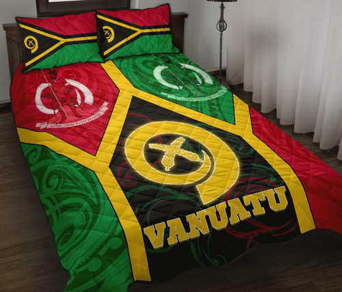 Vanuatu Polynesian Quilt Bed Set - Vanuatu Flag and Coat Of Arms 1