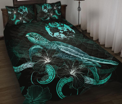 Tonga Polynesian Quilt Bed Set - Turtle With Blooming Hibiscus Turquoise 1