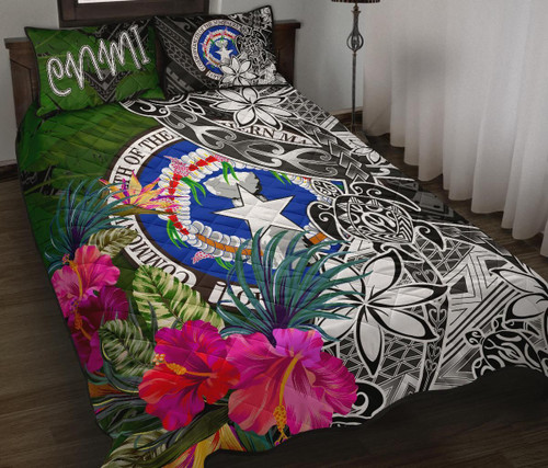 Northern Mariana Islands Quilt Bed Set - Turtle Plumeria Banana Leaf 1