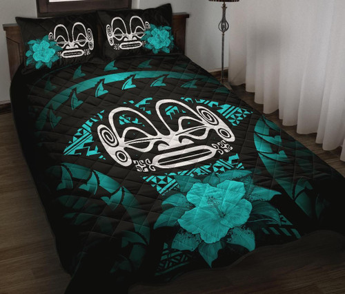 Marquesas Islands Polynesian Quilt Bed Set Hibiscus Turquoise 1