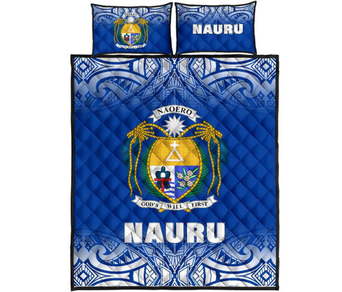Nauru Quilt Bed Set - Nauru Coat Of Arms Polynesian Tattoo Blue Fog Style 1