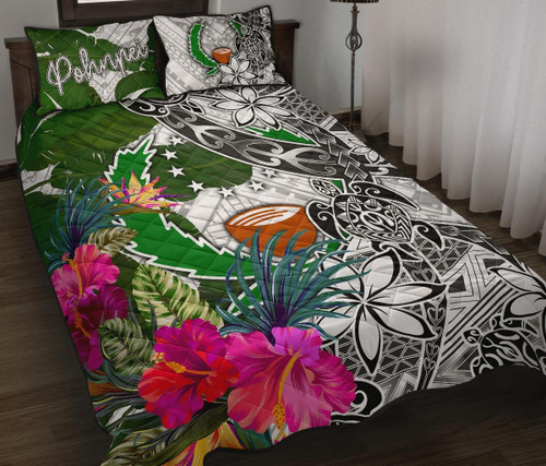 Pohnpei Quilt Bed Set White - Turtle Plumeria Banana Leaf 1