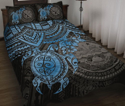 Federated States Of Micronesia Quilt Bed Set - Federated States Of Micronesia Seal & Blue Turtle Hibiscus 1