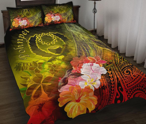 Pohnpei Quilt Bed Set - Humpback Whale with Tropical Flowers (Yellow) 1
