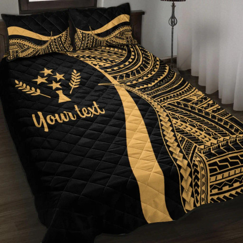 Kosrae Custom Personalised Quilt Bet Set - Gold Polynesian Tentacle Tribal Pattern 1