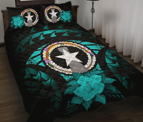 Northern Mariana Islands Polynesian Quilt Bed Set Hibiscus Turquoise 1
