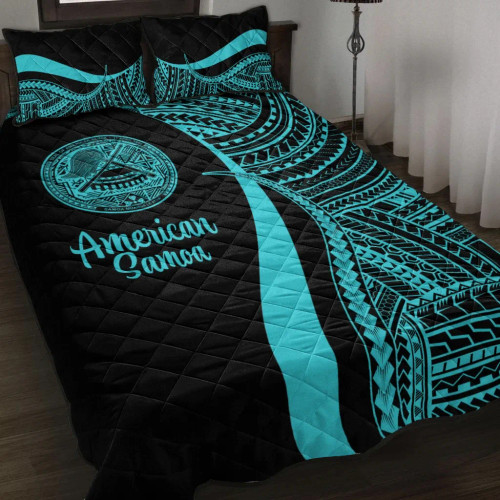 American Samoa Quilt Bet Set - Turquoise Polynesian Tentacle Tribal Pattern 1