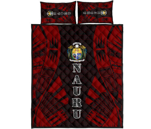 Nauru Quilt Bed Set - Nauru Coat Of Arms & Polynesian Red Tattoo Style 1