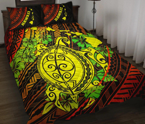 Hawaii Polynesian Quilt Bed Set - Hawaii Yellow Sea Turtle Map & Green Hibiscus 1