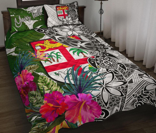 Fiji Custom Personalised Quilt Bet Set White - Turtle Plumeria Banana Leaf 1