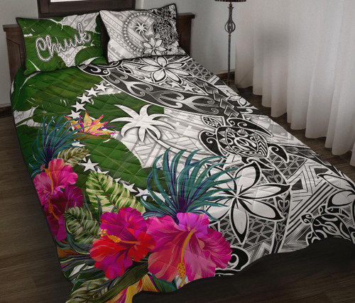 Chuuk Quilt Bed Set White - Turtle Plumeria Banana Leaf 1