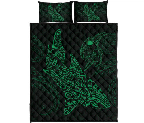 Polynesian Quilt Bed Set - Polynesian Green Shark Warrior Tattoo 1