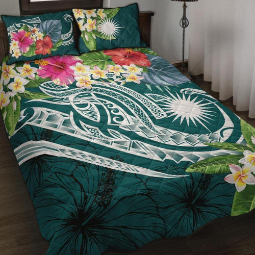 Marshall Islands Polynesian Quilt Bed Set - Summer Plumeria (Turquoise) 1
