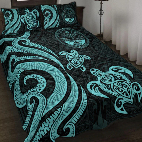 Marshall Islands Quilt Bed Set - Turquoise Tentacle Turtle Crest 1