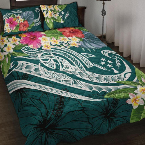 Kosrae Polynesian Quilt Bed Set - Summer Plumeria (Turquoise) 1