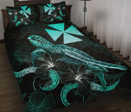Wallis and Futuna Polynesian Quilt Bed Set - Turtle With Blooming Hibiscus Turquoise 1