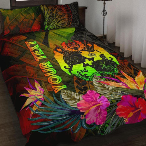 Tonga Polynesian Personalised Quilt Bed Set - Hibiscus and Banana Leaves 1