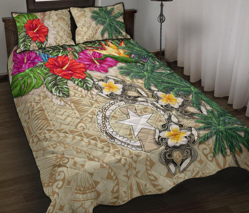 Northern Mariana Islands Polynesian Quilt Bed Set - Hibiscus Turtle Tattoo Beige 1