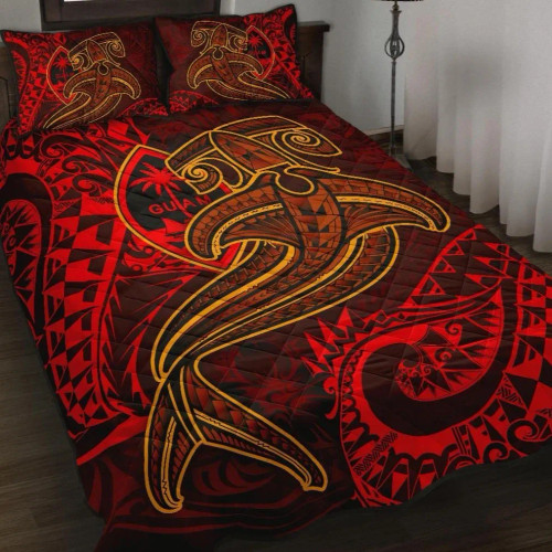 Guam Polynesian Quilt Bed Set - Red Shark Polynesian Tattoo 1