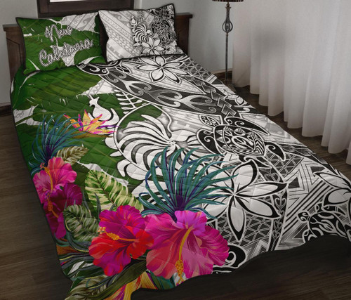 New Caledonia Quilt Bed Set White - Turtle Plumeria Banana Leaf Crest 1