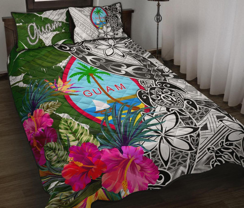 Guam Quilt Bed Set White - Turtle Plumeria Banana Leaf 1