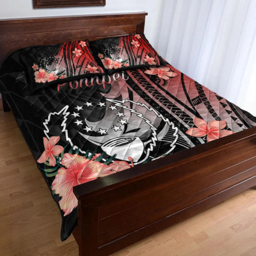 Pohnpei Quilt Bed Set - Red Polynesian Hibiscus Pattern Style 1