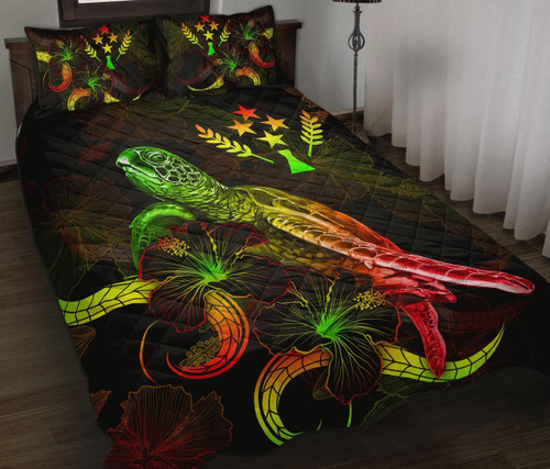 Kosrae Polynesian Quilt Bed Set - Turtle With Blooming Hibiscus Reggae 1