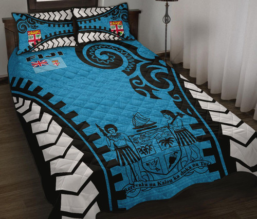 Fiji Quilt Bed Set - Fiji Flag Coat Of Arms Polynesian Warrior Style 1