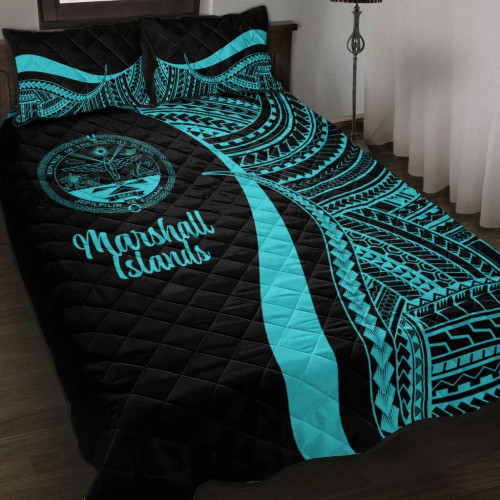 Marshall Islands Quilt Bet Set - Turquoise Polynesian Tentacle Tribal Pattern Crest 1