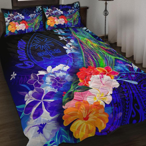 Guam Quilt Bed Set - Humpback Whale with Tropical Flowers (Blue) 1