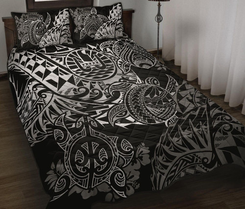 Tahiti Polynesian Quilt Bed Set - White Turtle Hibiscus Flowing 1