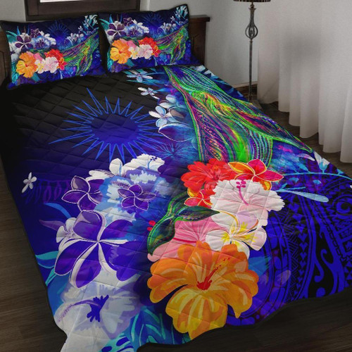 Marshall Islands Quilt Bed Set - Humpback Whale with Tropical Flowers (Blue) 1