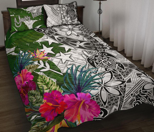 Kosrae Custom Personalised Quilt Bet Set White - Turtle Plumeria Banana Leaf 1
