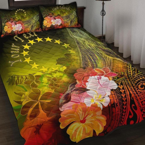 Cook Islands Custom Personalised Quilt Bed Sets - Humpback Whale with Tropical Flowers (Yellow) 1