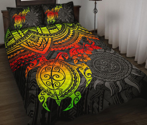 Polynesian Quilt Bed Set - Polynesian Reggae Turtle Hibiscus 1