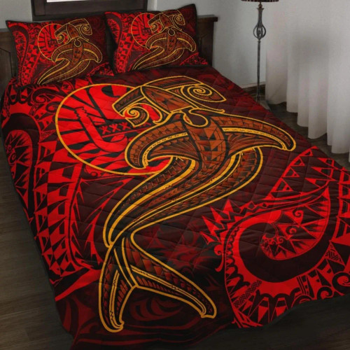 Tahiti Quilt Bed Set - Red Shark Polynesian Tattoo 1