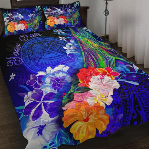 American Samoa Polynesian Custom Personalised Quilt Bed Set - Humpback Whale with Tropical Flowers (Blue) 1