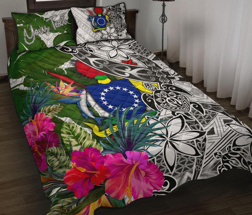 Cook Islands Custom Personalised Quilt Bet Set White - Turtle Plumeria Banana Leaf 1