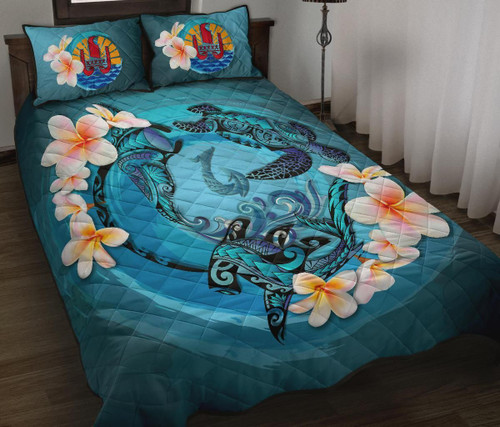 Tahiti Polynesian Quilt Bed Set - Blue Plumeria Animal Tattoo 1