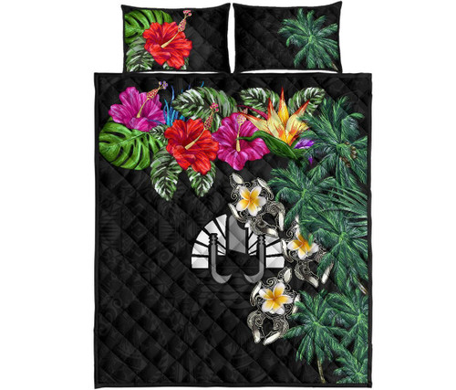 Tahiti Polynesian Quilt Bed Set - Hibiscus Turtle Tattoo Black 1
