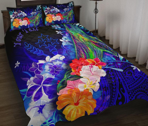 Kosrae Custom Personalised Quilt Bed Set - Humpback Whale with Tropical Flowers (Blue) 1