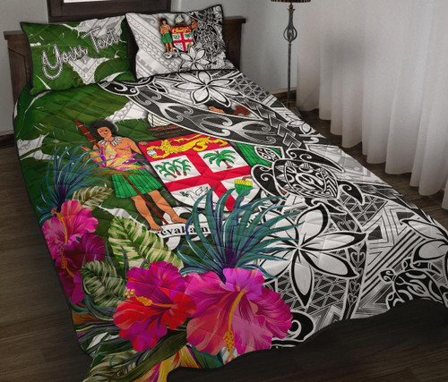 Fiji Custom Personalised Quilt Bet Set White - Turtle Plumeria Banana Leaf Crest 1