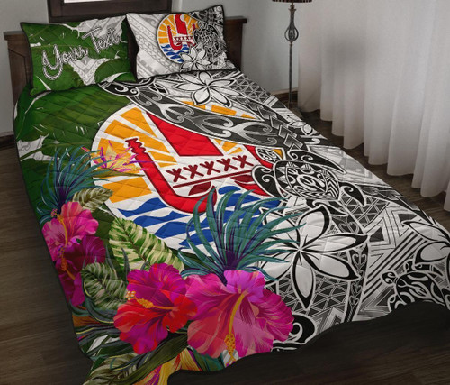 Tahiti Custom Personalised Quilt Bet Set White - Turtle Plumeria Banana Leaf 1